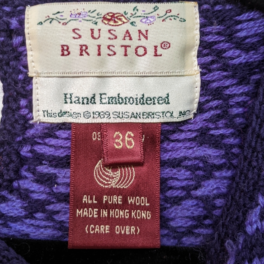 Vintage 80s Susan Bristol Puff Sleeve Sweater Wool Purple Floral Embroidered M - Picture 3 of 5